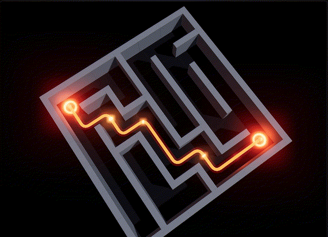Model-generated ASCII maze rendered in an interactive 3D gallery